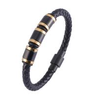 Leather Bracelet, with 316 Stainless Steel, Donut, Vacuum Ion Plating, fashion jewelry & for man, black, 6mm 