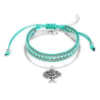 Zinc Alloy Crystal Bracelets, with Polyester Cord & Crystal, Tree, silver color plated, 2 pieces & fashion jewelry & adjustable & for woman, green 