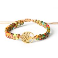 Gemstone Woven Ball Bracelets, Unakite, with Polyester Cord & 304 Stainless Steel, with 11cm extender chain, Tree, handmade, fashion jewelry & Unisex & adjustable, mixed colors cm 