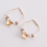 Zinc Alloy Hoop Earring, with Plastic Pearl, Heart, gold color plated, fashion jewelry & for woman & with rhinestone, golden, 50mm,20mm 