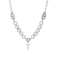 Titanium Steel Jewelry Necklace, with Plastic Pearl, Cross, Vacuum Ion Plating, Unisex original color 