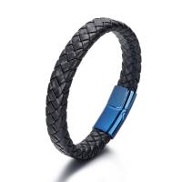 Titanstahl Armband, mit Kuhhaut, Vakuum-Ionen-Beschichtung, geflochten & für den Menschen, blau, 210mm, verkauft von PC