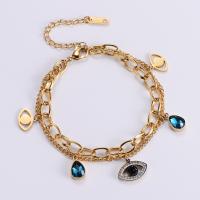 Stainless Steel Charm Bracelet, 316L Stainless Steel, with 1.96inch extender chain, Evil Eye, 18K gold plated, Double Layer & micro pave cubic zirconia & for woman & with rhinestone Approx 6.7 Inch 