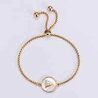 Stainless Steel Charm Bracelet, 304 Stainless Steel, with White Shell, Flat Round, 18K gold plated, adjustable & with letter pattern & for woman, 16mm Approx 10.2 Inch 