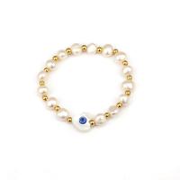 Cultured Freshwater Pearl Bracelets, 316L Stainless Steel, with White Shell & Freshwater Pearl, Heart, real gold plated, fashion jewelry & evil eye pattern & for woman Approx 6.5 Inch 