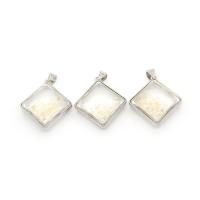 Glass Brass Pendants, with Clear Quartz & Brass, Rhombus, silver color plated, Unisex, clear 
