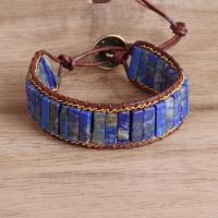 Natural Lapis Lazuli Bracelet, with PU Leather Cord & Zinc Alloy, gold color plated, Bohemian style & for woman .1 Inch 