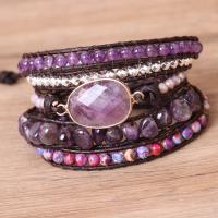 Amethyst Bracelet, with PU Leather Cord & Impression Jasper & Non Magnetic Hematite & Zinc Alloy, gold color plated, multilayer & Bohemian style & for woman .5 Inch 