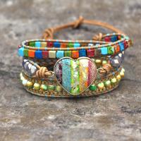 Impression Jasper Bracelet, with PU Leather Cord & Zinc Alloy, gold color plated, multilayer & for woman, rainbow colors .69 Inch 