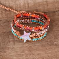 Impression Jasper Bracelet, with PU Leather Cord & Zinc Alloy, Star, gold color plated, multilayer & Bohemian style & for woman, mixed colors .69 Inch 