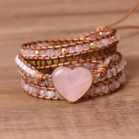 Wrap Bracelets, Rose Quartz, with PU Leather Cord & Crystal & Zinc Alloy, Heart, gold color plated, multilayer & Bohemian style & for woman .5 Inch 