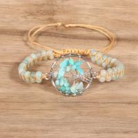 Gemstone Woven Ball Bracelets, ​Amazonite​, with Polyester Cord & Impression Jasper & Amethyst & Brass, Tree, silver color plated, adjustable & for woman .7 Inch 