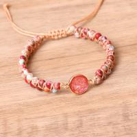 Gemstone Woven Ball Bracelets, Impression Jasper, with Polyester Cord & Resin & Zinc Alloy, Round, gold color plated, Double Layer & adjustable & for woman, red .1 Inch 