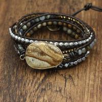 Wrap Bracelets, Picture Jasper, with PU Leather Cord & Non Magnetic Hematite & Zinc Alloy, Ellipse, plated, multilayer & for woman, mixed colors .5 Inch 