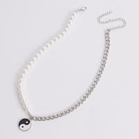 Plastic Pearl Necklace, Zinc Alloy, with Plastic Pearl, with 10cm extender chain, Flat Round, platinum color plated, patchwork & fashion jewelry & ying yang & adjustable & for woman, mixed colors cm 