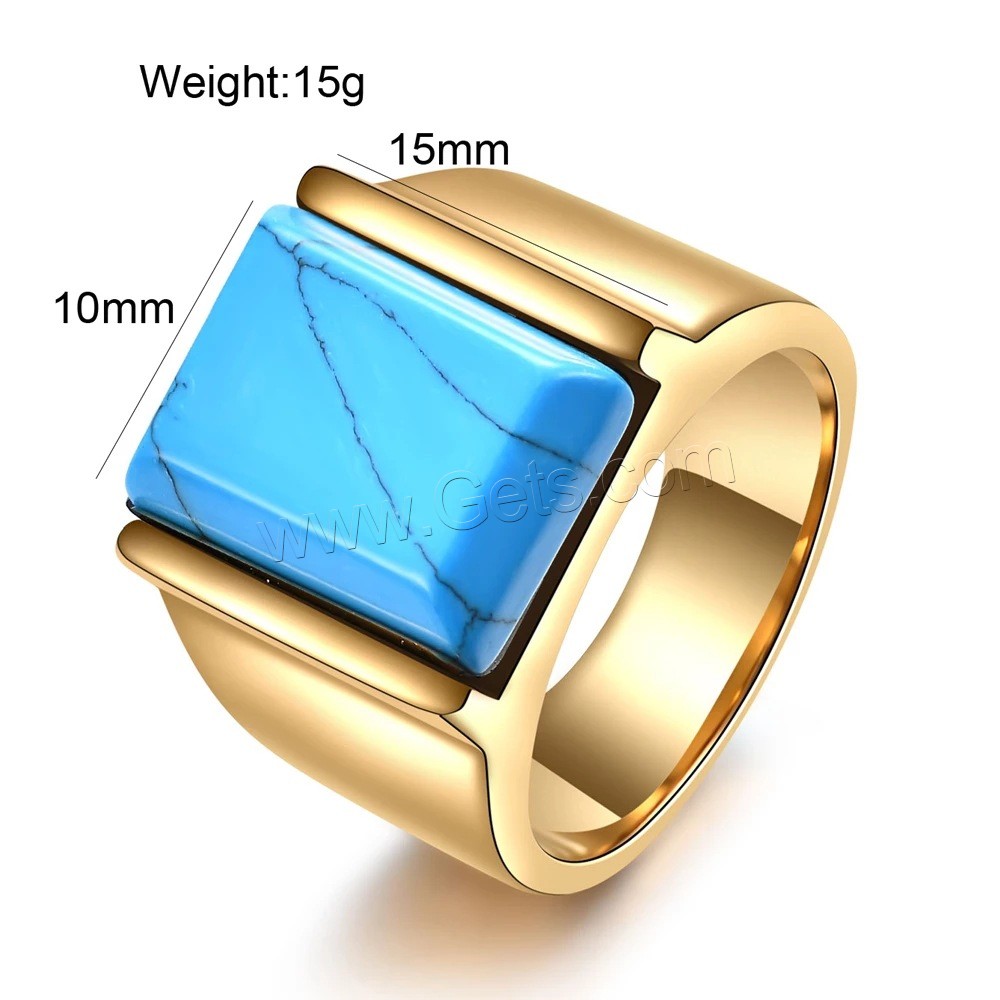 Gemstone Stainless Steel Finger Ring, 304 Stainless Steel, with turquoise & Glass, Geometrical Pattern, Vacuum Ion Plating, different size for choice & for man, more colors for choice, 15x10mm, US Ring Size:7-12, Sold By PC