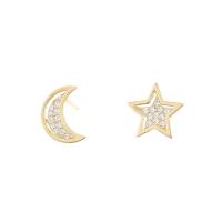 asymmetrische Ohrringe, 925 Sterling Silber, Mond und Sterne, 18K vergoldet, Micro pave Zirkonia & für Frau, 7x10.5mm, verkauft von Paar