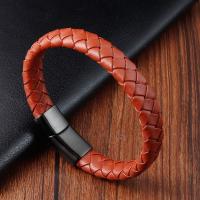 Titanium Steel Bracelet, with PU Leather, polished, dyed & braided bracelet & for man, reddish orange Approx 8.26 Inch 