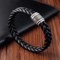 Titanium Steel Bracelet, with PU Leather, polished, dyed & braided bracelet & for man, black Approx 8.26 Inch 