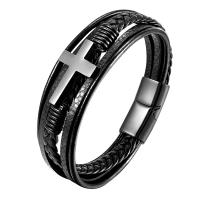 Titanium Steel Bracelet, with PU Leather, polished, multilayer & braided bracelet & for man, black 