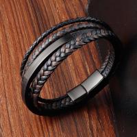 Titanium Steel Bracelet, with PU Leather, polished, multilayer & braided bracelet & for man, black Approx 8.26 Inch 