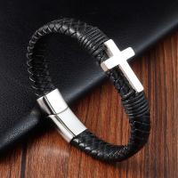 Titanium Steel Bracelet, with PU Leather, polished, dyed & for man, black Approx 8.26 Inch 