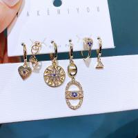 Brass Earring Set, real gold plated, 6 pieces & fashion jewelry & micro pave cubic zirconia & for woman, golden 