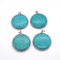 Synthetic Turquoise Pendants, with Brass, Round, silver color plated, DIY, 40mm 
