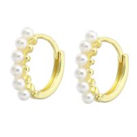 Brass Huggie Hoop Earring, real gold plated, for woman & with plastic pearl, gold 