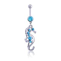 Stainless Steel Belly Ring, Zinc Alloy, with 316L Stainless Steel, Seahorse, with rhinestone, skyblue, 51mm 