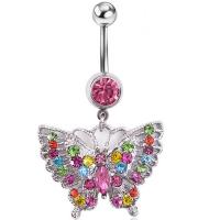 Stainless Steel Belly Ring, Zinc Alloy, with 316L Stainless Steel, Butterfly, with rhinestone, rose pink, 50mm 