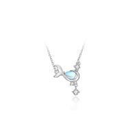Cubic Zircon Micro Pave Sterling Silver Necklace, 925 Sterling Silver, with Moonstone, with 1.96 inch extender chain, Whale, platinum color plated, micro pave cubic zirconia & for woman Approx 15.75 Inch 