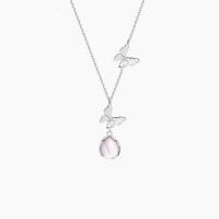 Sterling Silver Jewelry Necklace, 925 Sterling Silver, with Strawberry Quartz, with 1.96 inch extender chain, Butterfly, platinum color plated, for woman Approx 15.75 Inch 