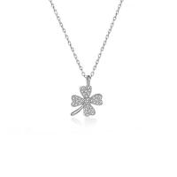 Cubic Zircon Micro Pave Sterling Silver Necklace, 925 Sterling Silver, with 1.96 inch extender chain, Four Leaf Clover, plated, micro pave cubic zirconia & for woman & hollow Approx 15.75 Inch 