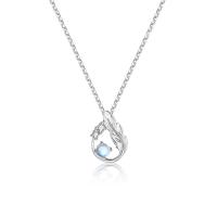 Cubic Zircon Micro Pave Sterling Silver Necklace, 925 Sterling Silver, with Moonstone, with 1.96 inch extender chain, Feather, platinum color plated, micro pave cubic zirconia & for woman & hollow Approx 15.75 Inch 