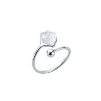 925 Sterling Silver Cuff Finger Ring, with White Shell, platinum color plated, Adjustable & open 