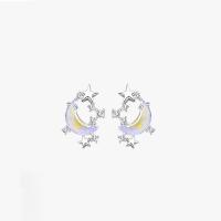 Sterling Silver Stud Earring, 925 Sterling Silver, with Lampwork, Moon and Star, platinum color plated, for woman & with rhinestone 