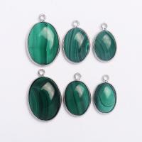 Malachite Pendants, with Brass, Oval, silver color plated, Unisex 