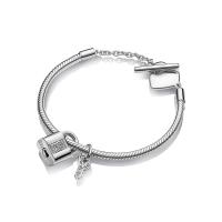 925 Sterling Silver European Bracelet, with Cubic Zirconia, Lock and Key, rose gold color plated & for woman 