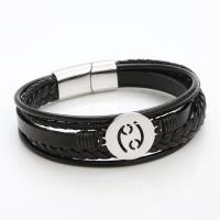 PU Leather Bracelet, with 316L Stainless Steel, 12 Signs of the Zodiac, polished & fashion jewelry & for man, black .5 cm 