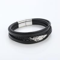 PU Leather Bracelet, with 316L Stainless Steel, Feather, polished, fashion jewelry & multilayer & for man, black .5 cm 