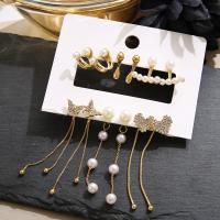 Plastic Pearl Zinc Alloy Earring, with Plastic Pearl, 6 pieces & fashion jewelry & for woman & with rhinestone, golden 
