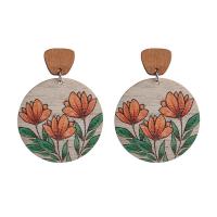 Wood Drop Earring, with Iron, Round, fashion jewelry & with flower pattern & for woman 60mm 