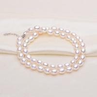 Freshwater Pearl Brass Necklace, with Brass, Rice, silver color plated, for woman, white, 7-8mm .93 Inch 
