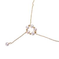 Ожерелье из пресноводных жемчуг на латунной цепочке, Латунь, с Пресноводные жемчуги, Круглая, плакирован золотом, Женский, белый, 5-6mm, длина:16.93 дюймовый, продается PC