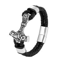 Titanium Steel Bracelet, with PU Leather, polished, for man, black Approx 8.26 Inch 