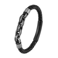316L Stainless Steel Bracelet, with PU Leather, Vacuum Ion Plating & for man, black 