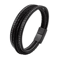 316L Stainless Steel Bracelet, with PU Leather, Vacuum Ion Plating, multilayer & for man, black Approx 8.26 Inch 