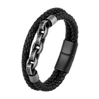316L Stainless Steel Bracelet, with PU Leather, Vacuum Ion Plating & for man, black Approx 8.26 Inch 