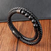 316L Stainless Steel Bracelet, with Abrazine Stone & PU Leather & Lava, Vacuum Ion Plating, Double Layer & for man, black Approx 8.26 Inch 